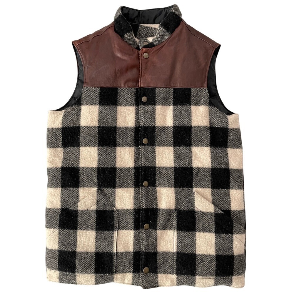 Vintage Y2K Old Money Heritage Fisherman Plaid Leather Wool Down Fill Vest